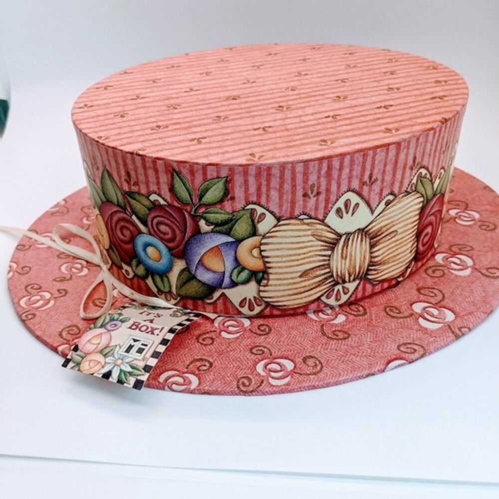Mary Engelbreit Large Pink Floral Hat-Shaped Cardboard Storage Box with Lid